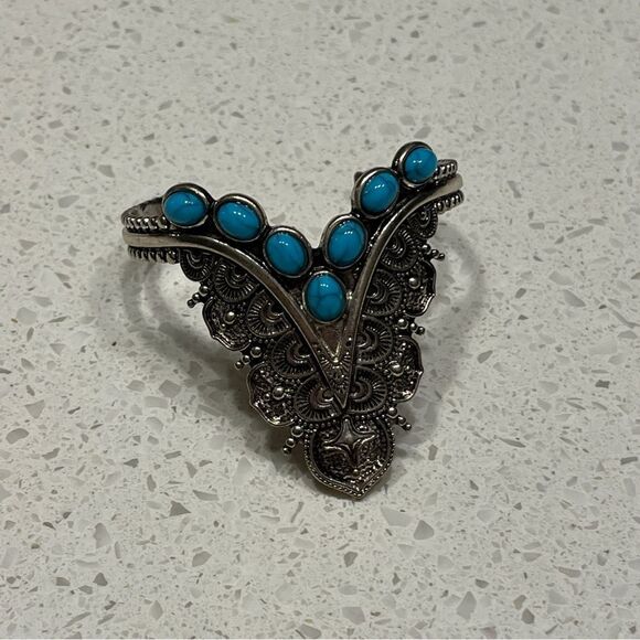 Faux Blue Turquoise Beads Decor Western Cuff Bangle Retro Vintage style - Picture 5 of 8